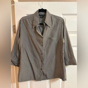 100% Silk Tracy M. button down blouse striped collared gray 3/4 sleeve size XL